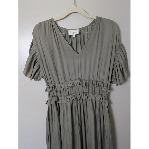 Bohme Sage Green Ruffle Tiered Maxi Dress Boho Short Sleeve Size S - Picture 2 of 10